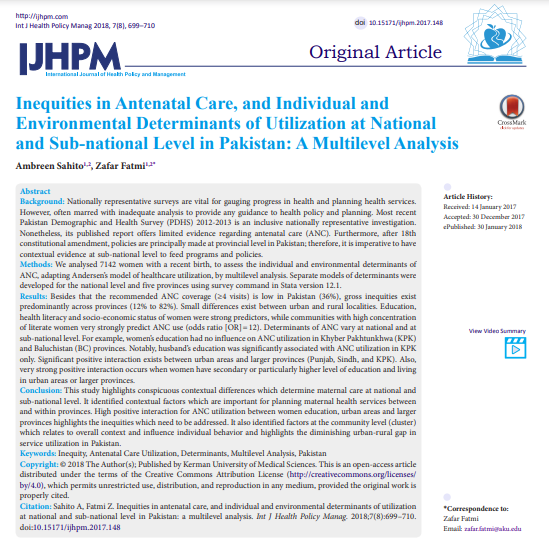 Inequities in Antenatal Care, and Individual and Environmental Determinants of Utilization at National and Sub-national Level in #Pakistan: A Multilevel Analysis

ijhpm.com/article_3458.h…

#Inequity #AntenatalCareUtilization #Determinants #MultilevelAnalysis #HealthManagement