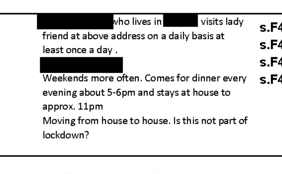 Thread: Some of the more curtain-twitching complaints received by PSNI over alleged breaches of Covid-19 lockdown restrictions.1. The 'lady friend' in Ballymena.  https://twitter.com/brendanhughes64/status/1319927160493232128