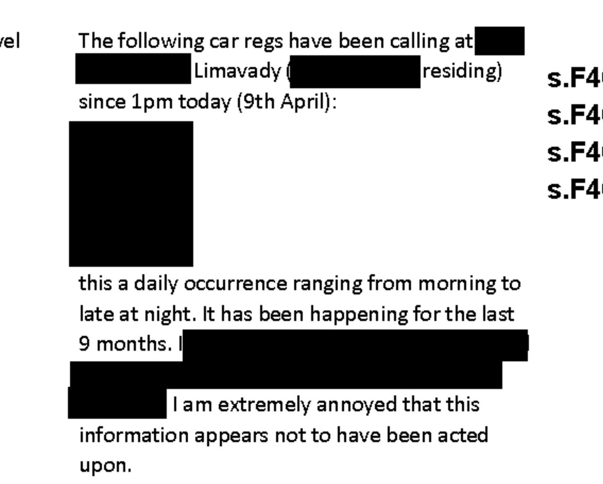 6. Making a record of car registrations visiting a property in Limavady.