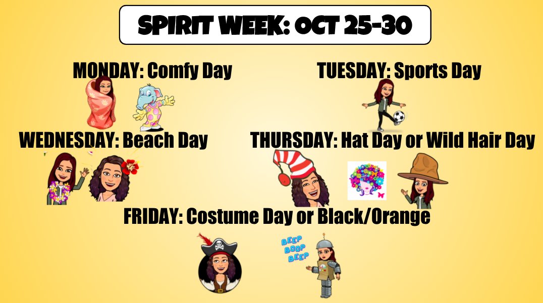 MsMelissaOCSB's tweet photo. 📣 Virtual Spirit Week with @AndreaDonato123 📣 October 26 - 30 #ocsbVirtual #ocsbBeCommunity #ocsbSpiritWeek https://t.co/2LC0kzTl02