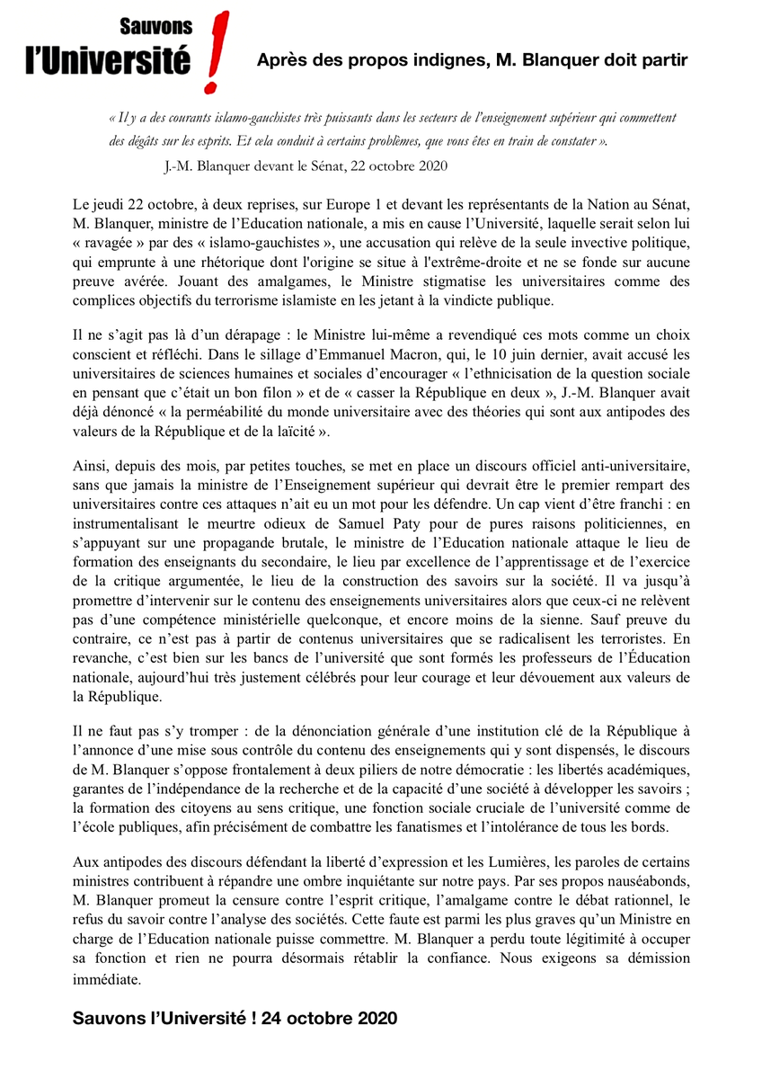Après des propos indignes de sa fonction, M. Blanquer doit partir - communiqué de Sauvons l’Université ! 24 octobre 2020
sauvonsluniversite.com/spip.php?artic…