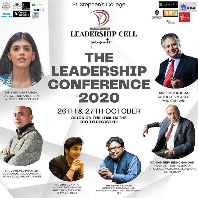StStephensClg's tweet photo. The Leadership Conference 2020 by the Leadership Cell is here!
And this year it’s bigger and better. We extend a hearty welcome to all our speakers: @imshivkhera @sbikh @ashwinsanghi @viditchess @vipulved @sanjanasanghi96

Register here: https://t.co/OCIjmpBFSz

@CellLeadership https://t.co/0efJBUxK5O
