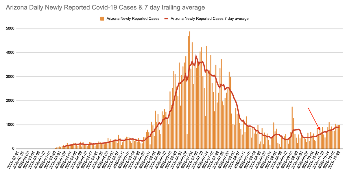 Eyeballing the AZ newly reported cases, I'd say the current rise in cases became clear around Oct 10, so if we have the same delay this time as last time newly reported deaths won't start rising until around Nov 7.