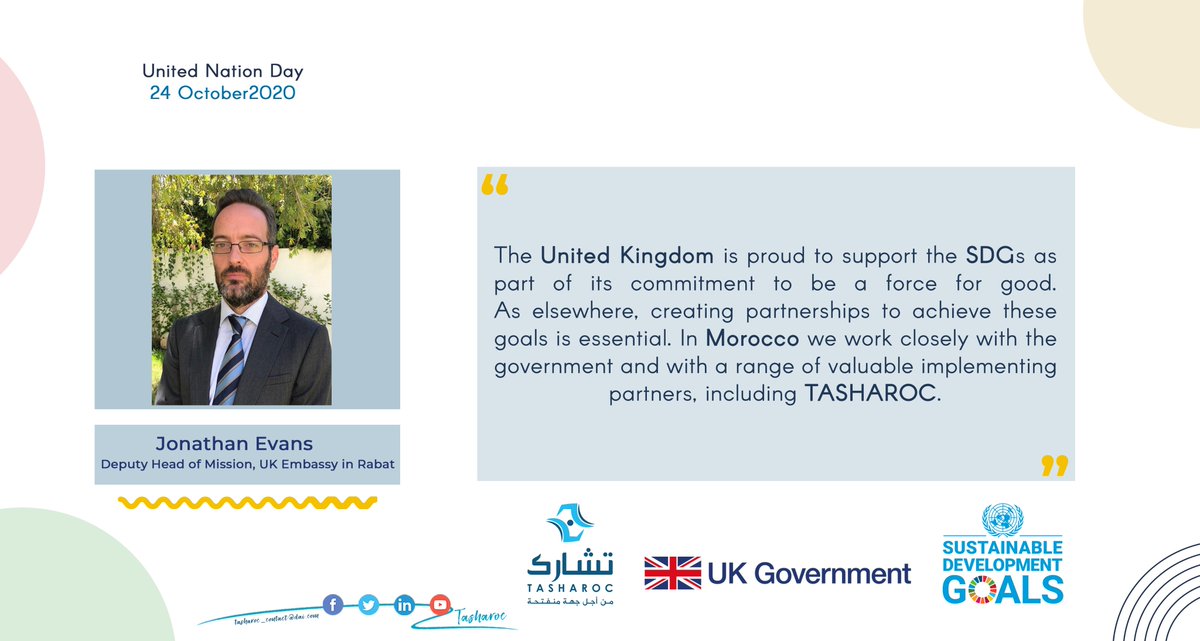 Tasharoc1's tweet photo. Delighted to share a quote from our United Kingdom 🇬🇧 Embassy in Morocco 🇲🇦 on United Nation day  

#UNDay #SDGs #development  #TASHAROC #UnitedNations 

@UKinMorocco - @DAIGlobal  - @UN - @ONUMaroc - @SDGaction - @SDGoals https://t.co/WroC4IN9WM