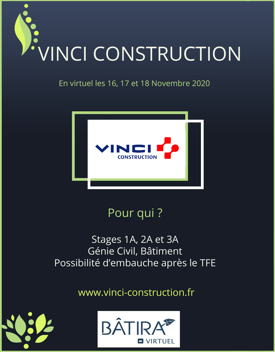 ForumBatira's tweet photo. VINCI Construction France sera présent au Forum BATIRA 2020 !
Vous pouvez retrouver plus d'informations sur le site Internet https://t.co/oHk3KP5Afj.
Rendez-vous le 17 novembre 2020 à l'ENTPE et les 16,17 et 18 novembre sur Seekube !
L'équipe BATIRA 2020. https://t.co/Vyr3fU4sJ3