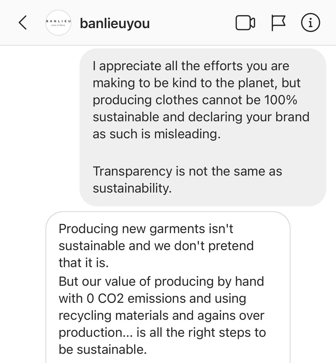 This brand has now taken '100% sustainable' out of their Instagram bio btw, but I think it's useful to see the language & justifications brands often use when receiving comments/criticism regarding sustainability - this is part of my DM chat with them.(2/5)