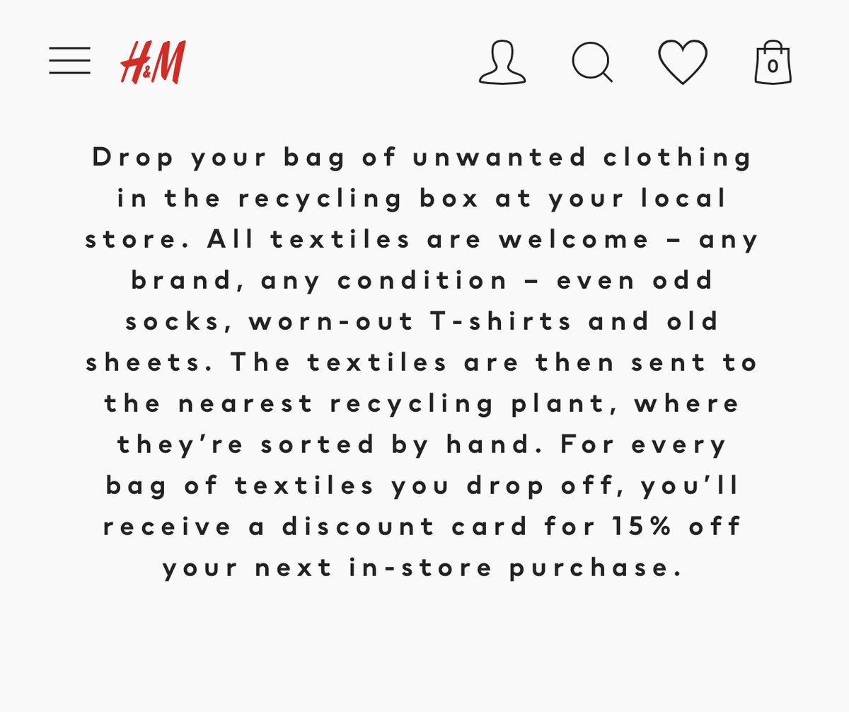 When they give you a discount for recycling your old clothes in-store.They want to trick you into feeling like you’re passing on your clothes responsibly & get you to buy more of their stuff at the same time.(5/5)