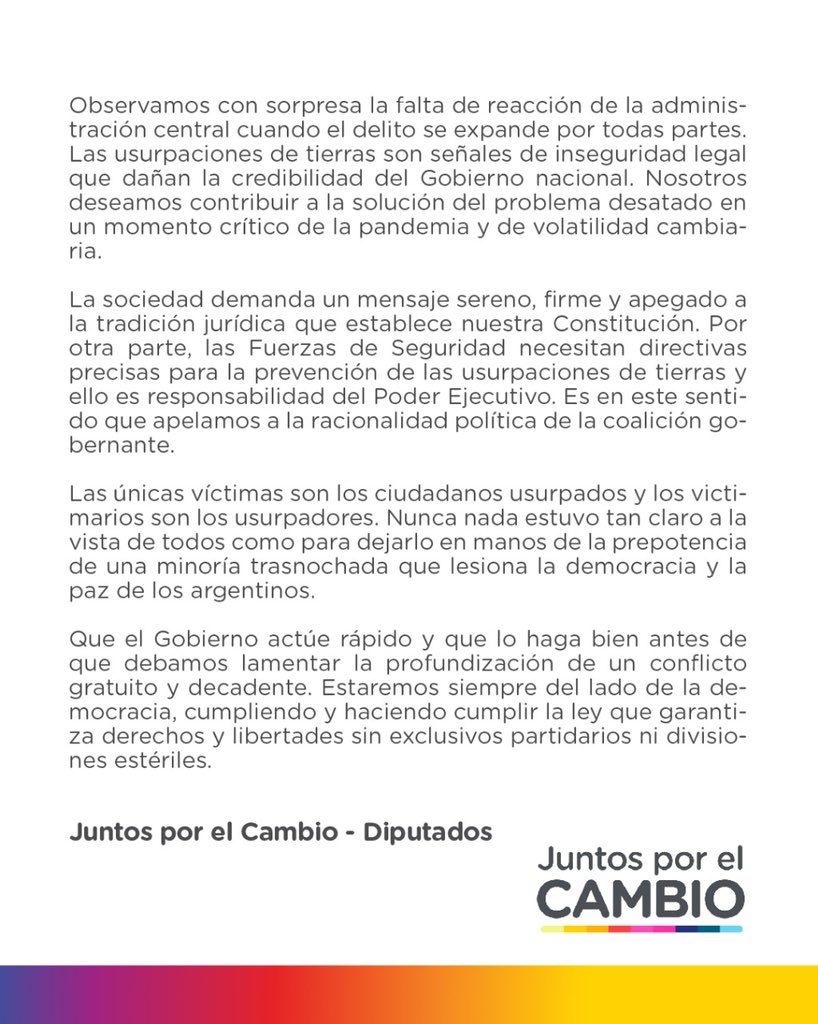 maxiferraro's tweet photo. Las usurpaciones de tierras se replican porque hay desidia del Estado y complicidad. Desde el Interbloque de Diputados Nacionales @juntoscambioar exigimos la urgente intervención del Gobierno Nacional para preservar la propiedad privada y evitar conflictos. #BastaDeUsurpar https://t.co/AnxtqspizC