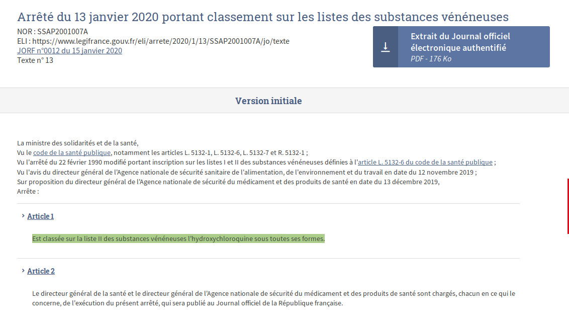 [THREAD] 13 janvier 2020 : en France, l’ #hydroxychloroquine est classée sur la liste II des substances vénéneuses. Jusqu’ici, le médicament était en vente libre. Désormais, il ne pourra être délivré que sur ordonnance.  https://www.legifrance.gouv.fr/eli/arrete/2020/1/13/SSAP2001007A/jo/texte #COVID19france  #HCQ