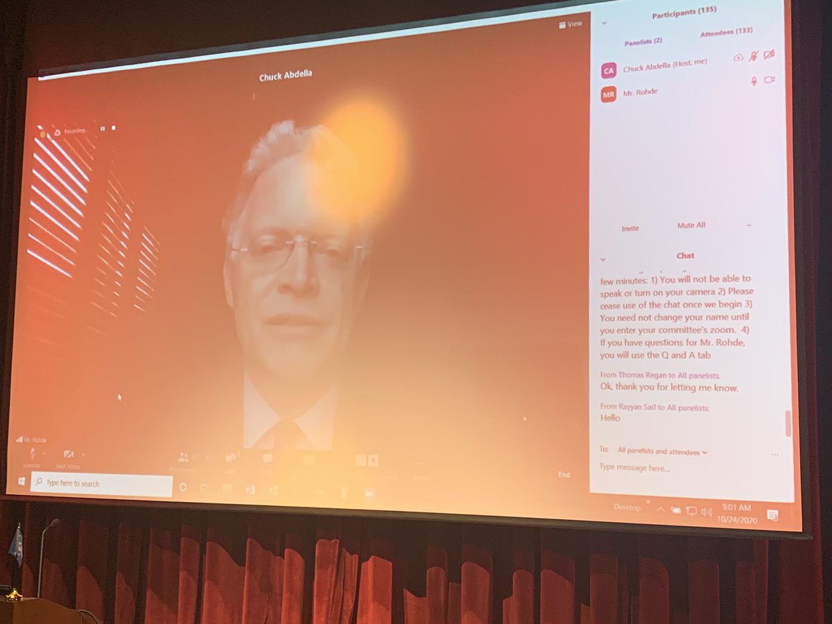 SJMUN's tweet photo. “Be skeptical, but don’t be cynical,” advises SJMUNC 33 keynote speaker, Pulitzer Prize-winning journalist David Rohde.  Jackson Andrews ‘21 gavels open this most unusual virtual MUN conference.  ⁦@SJShrewsbury⁩ ⁦@NewYorker⁩ #BeAPioneer https://t.co/rgrehQyDO4