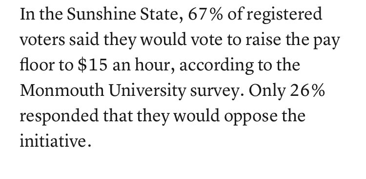 Still a bit crazy to think how this got passed over (in favor of an ambiguous answer on oil). In FL, polls show a $15 minimum wage at 67% support. It’s the sort of “wouldn’t expect of a Republican” thing Trump would support in 2016, more popular with low income across parties.