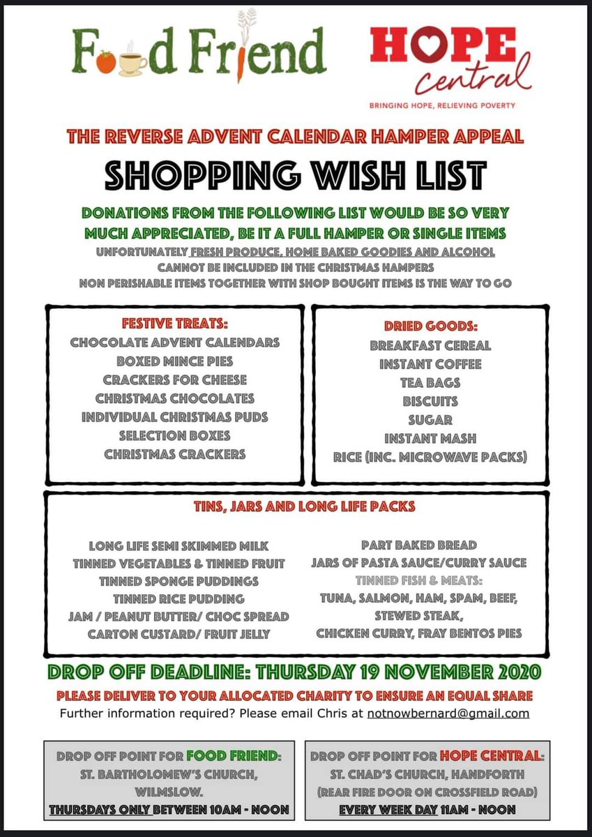WilmslowHub's tweet photo. This year more than most has been very difficult for so many. 
Chris Thomasson has launched a Reverse Advent Calendar Hamper Appeal to help those struggling this Christmas. To be allocated a donation point, email Chris at notnowbernard@gmail.com.
Please share far&amp;wide https://t.co/Hrf5zBnBTV