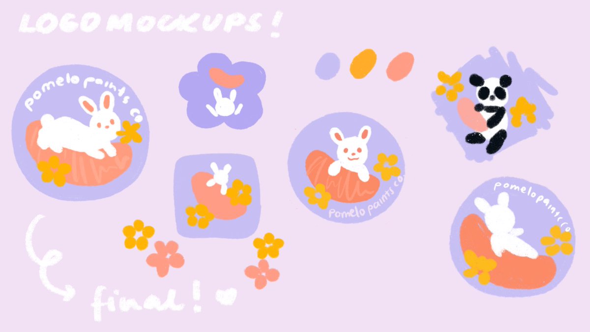  logo conceptualization:again, wanted fruit+animal related branding so here are some mockups i tried. color scheme just stemmed from the list of words i wanted + the coral color of pomelos! ++ generally wanted purple branding just bc i don’t see it that often! 