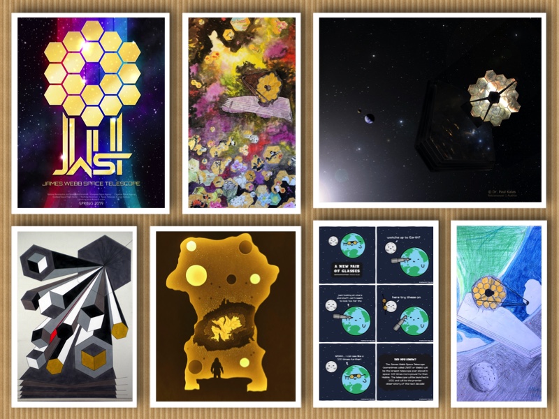 Featured in this collage is #JWSTArt by artists: Antonio Holguin, Ethan Wilson, Helen Schell, Jarrod Chua, Joan Lok, Mahnoor Malik, and Paul Kalas