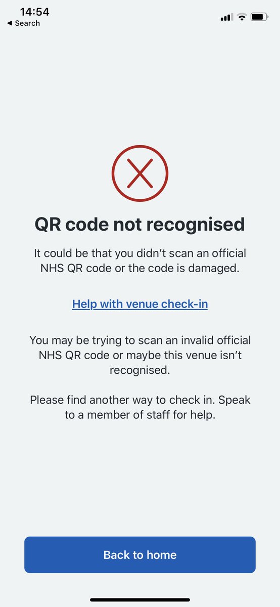 Saw someone trying to use a non-NHS QR code in the NHS app and getting this - perhaps it should offer to open the link in a web browser? <a href="/hadleybeeman/">Hadley Beeman</a> any ideas who to speak to?