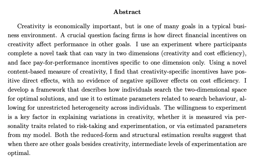 Eileen TipoeJMP: "Pay-for-performance incentives and individual creativity: Experimental evidence"Website:  https://www.economics.ox.ac.uk/postdoc-and-researchers/eileen-tipoe