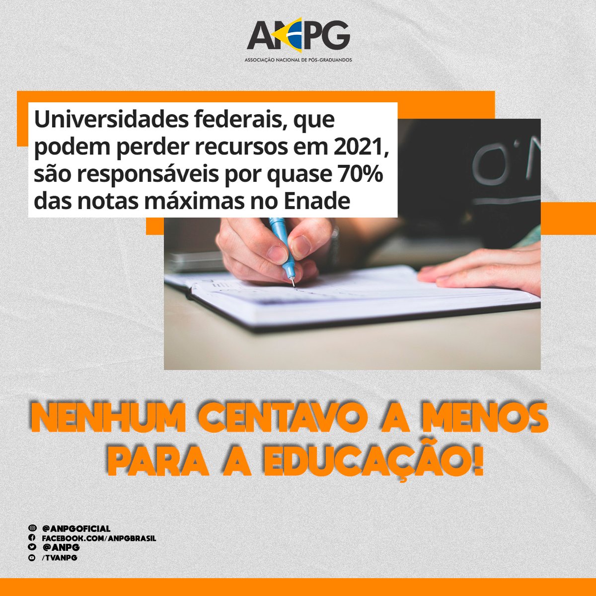 anpg's tweet photo. MEC planeja cortar quase R$ 1 bilhão do orçamento das universidades, as mesmas que tem as melhores notas no Enade.
Basta de cortes, basta de um governo que ataca incessantemente a educação! https://t.co/gJOxh2EANP
