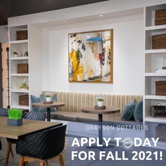 GraysonCottages's tweet photo. Fall in love with Grayson Cottages! Apply today to secure your spot for fall 2021-22! Come by for a tour today! We can't wait to show you around! https://t.co/hmGYMFfQFg