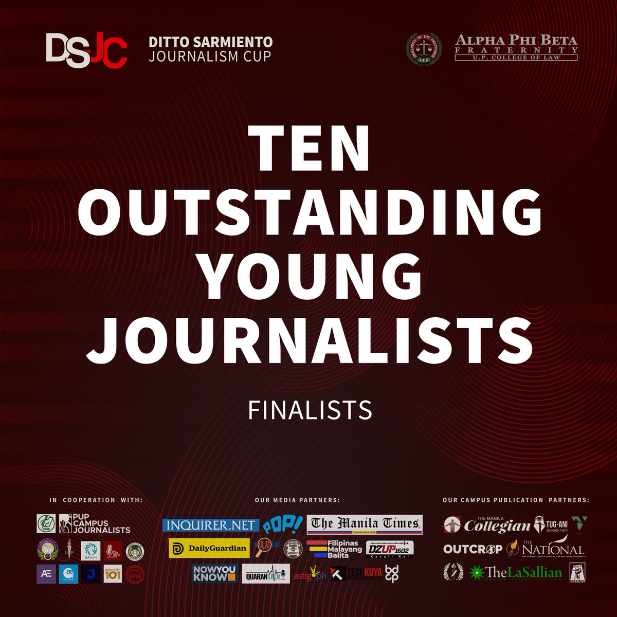 DittoSarmiento's tweet photo. Congratulations to the winners of the 2020 Ditto Sarmiento Nationwide Search for Ten Outstanding Young Journalists. With over 600 participants, only a few were hailed as finalists for News Writing, Editorial Writing, Feature Writing, and Sports Writing.
#2020DSJC
#ParaSaBayan https://t.co/vuWY2Lz41Q