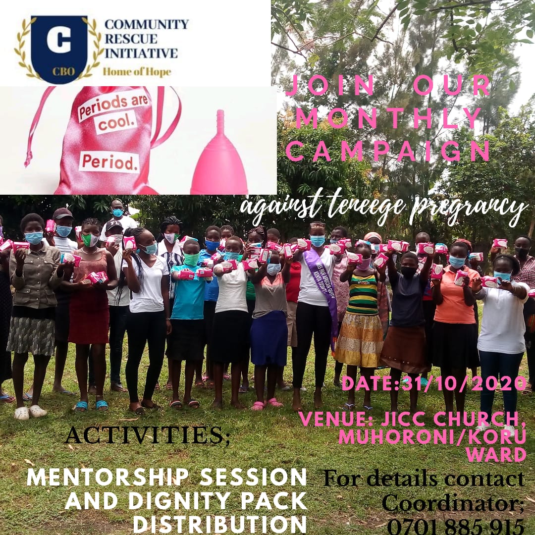 CommunityRescu1's tweet photo. Enrolled girls in our program continue to benefit from our monthly mentorship sessions and distribution of sanitary pads and other essentials. Additional 100 newly enrolled AGYWs will benefit this 31/10/2020. Join us in #SayingNo2PeriodsShame in Muhoroni https://t.co/n3EpLc9oRh