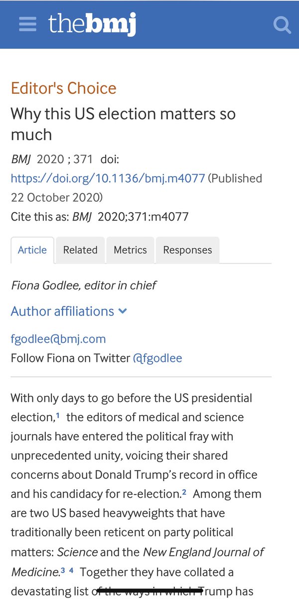 Doctors4Harris's tweet photo. Another prestigious medical journal (BMJ) on what’s at stake in this election: 

Trump is already “a grim legacy” whose “actions and inaction have caused thousands of avoidable deaths.”

Why we must #rally4health and #VoteHealth #BidenHarris2020 

https://t.co/4fPsGfT6yF https://t.co/OTbf2Wg8BS