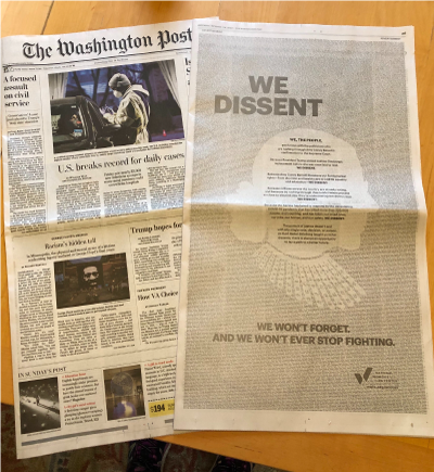 nwlc's tweet photo. We dissent. 

To this sham process, to this nominee, to this vote. 

Thank you to the more than 6,000 of you who followed in Justice Ginsburg's legacy and joined us in dissenting, featured in today's Washington Post. #WeDissent https://t.co/xEz7qIBtR2
