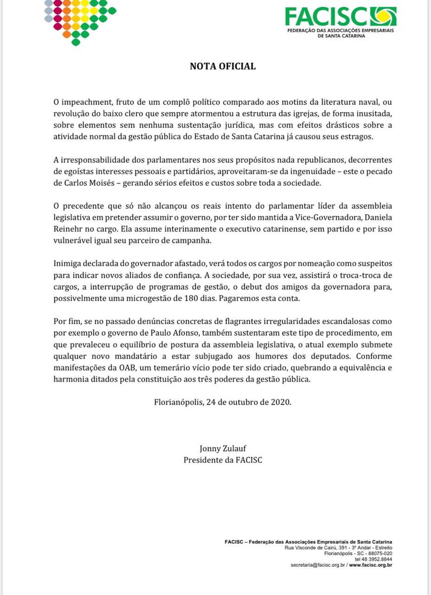 Nota forte da Facisc sobre a votação de ontem: