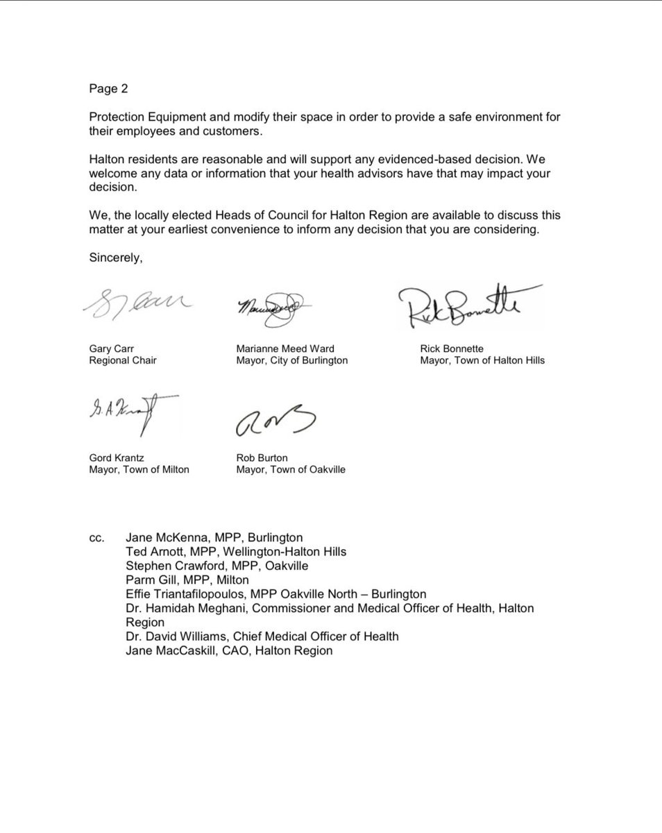 Halton mayors <a href="/RickBonnette1/">RickBonnette</a> <a href="/OakvilleMayor/">OakvilleMayor</a> Gord Krantz &amp; Regional Chair <a href="/GaryCarrHalton/">Gary Carr</a> ask Premier <a href="/fordnation/">Doug Ford</a> not to put <a href="/RegionofHalton/">Halton Region</a> into Stage 2. We support a targetted approach, based on health evidence of transmission risk &amp; allowing our voluntary measures time to work