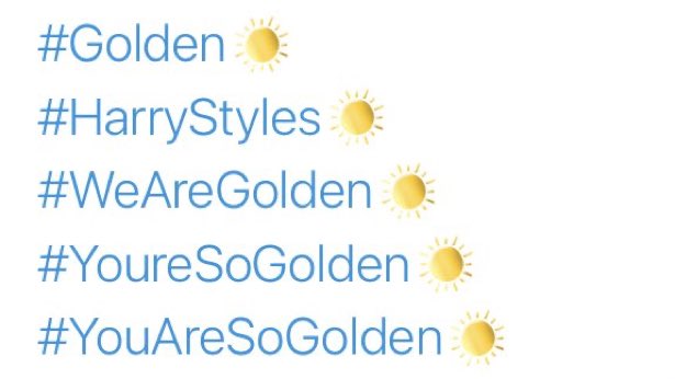 📲| Se ha habilitado un emoji de sol en estos hastags ☀️
#Golden
#HarryStyles
#WeAreGolden
#YoureSoGolden
#YouAreSoGolden