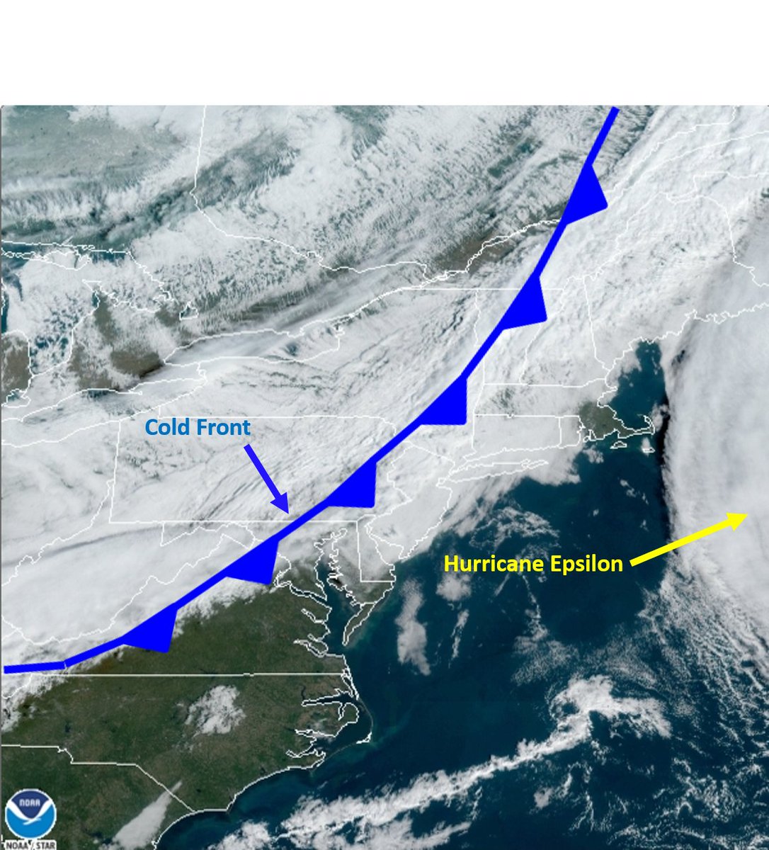10AM satellite shows clouds along &amp; behind a cold front stretching from the Northeast to the Mid-Atlantic. This will help keep Hurricane Epsilon well offshore but bring much cooler weather for the 2nd half of the weekend. Latest at weather.gov/lwx. #DCwx #MDwx #VAwx #WVwx