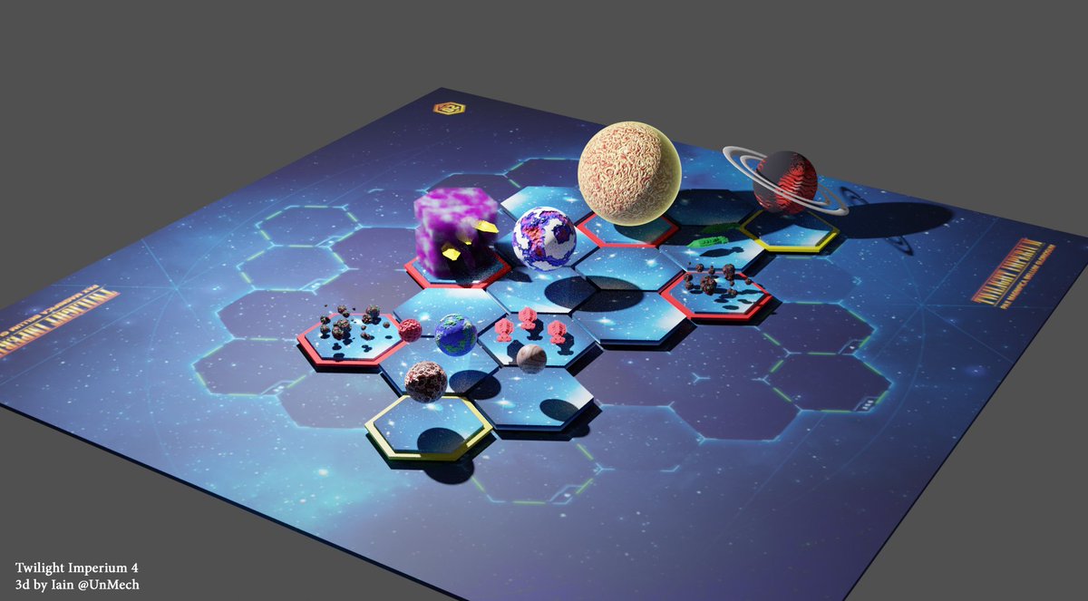 My 3d rendering of a Twilight Imperium 4 game in play, with tiny spherical planets hovering over the game board.