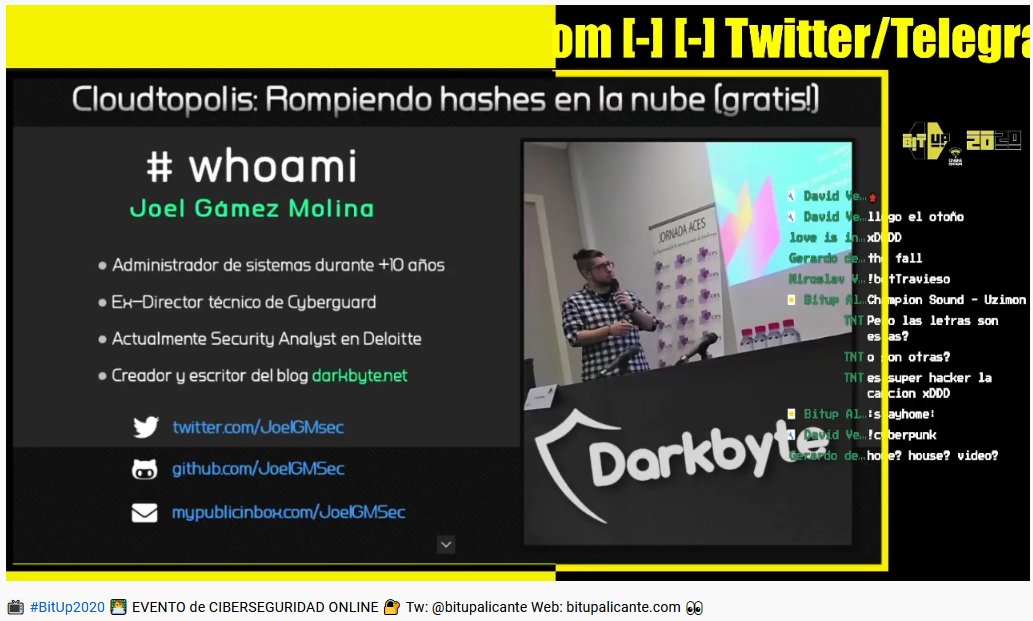 bitupalicante's tweet image. Se viene Joel Gámez (@JoelGMSec ) con su charla: Cloudtopolis: Rompiendo hashes en la nube (gratis!)

Has leído bien, sí, GRATIS!! (¿Serás tú el producto?) Habrá que ver la charla 👇👇👇

▶️youtube.com/bitupalicante

#Bitup2020 
#ciberseguridad