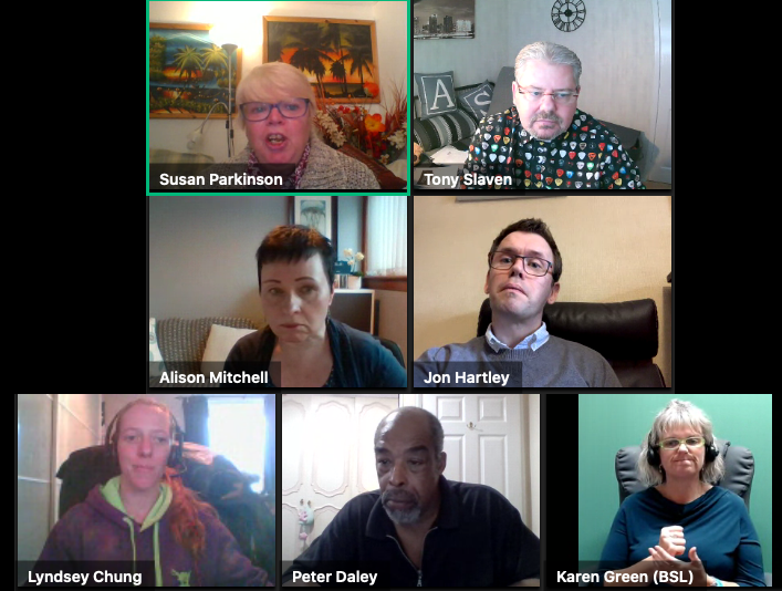 UNISONdm's tweet photo. A massive thank you to today's #DisabilityLive panellists Lyndsey Chung, Peter Daley Maggie Griffin, Jon Hartley, Alison Mitchell, Tony Slaven and our chair Susan Parkinson for today's fantastic discussion on organising disabled members in regions! https://t.co/8TzNPu7YEv