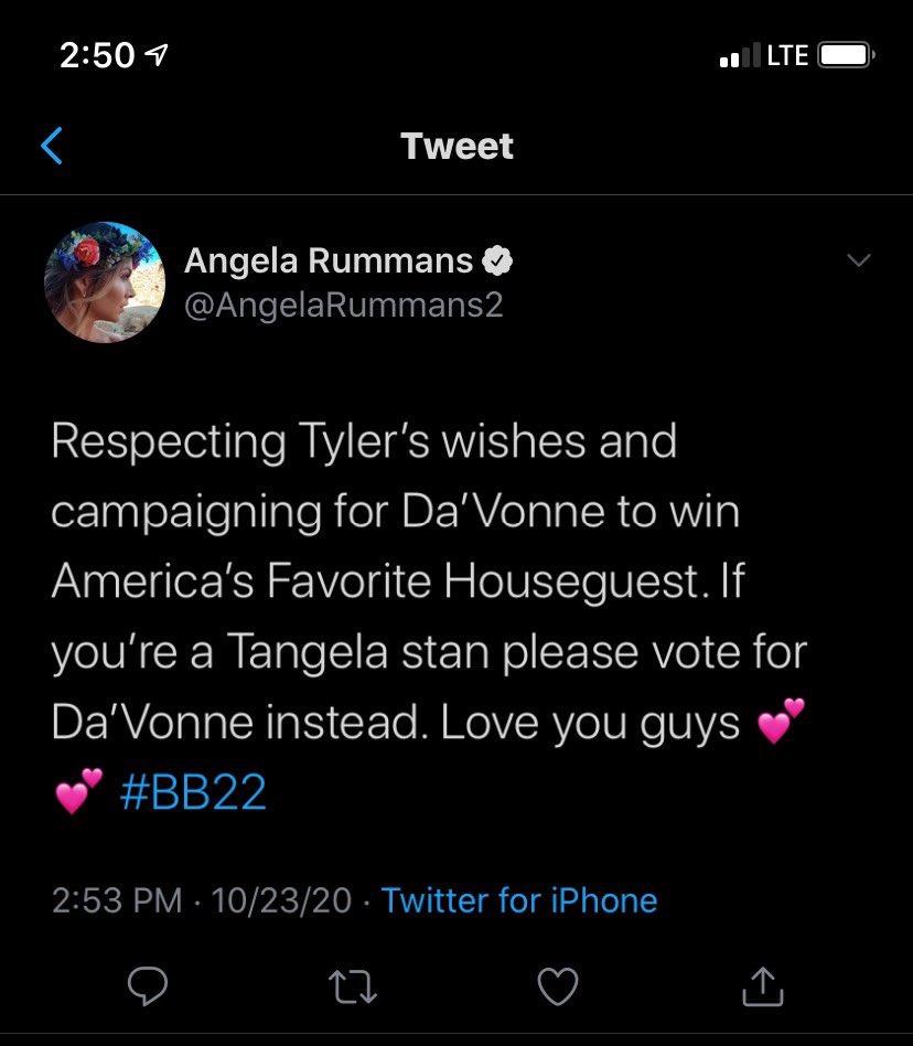AndyHerren's tweet photo. Still can’t get over how selfless this is of Tyler and Angela. They know Da’Vonne deserves it over Tyler, and they’re doing what is right. Vote ten times for Da’Vonne today!!! #BB22 https://t.co/hcJSqa1xOY