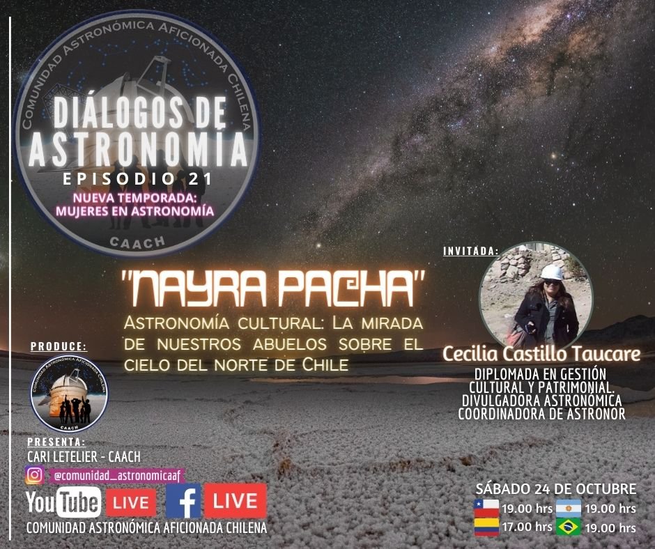ComAstronomica's tweet photo. Nueva #TemporadaFemenina: #DialogosdeAstronomía "mirada de nuestros abuelos sobre el cielo del Norte de nuestro país" con Cecilia Castillo y aborda #Etnoastronomía y #Arqueoastronomía.
Hoy Sábado 24 de Octubre, a las 19:00, transmitido por #FacebookLive y #YouTubeLive de #CAACH https://t.co/VXsRLt9F9y