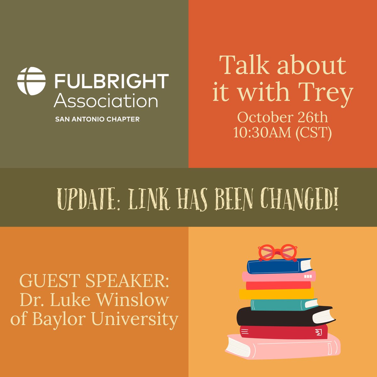FulbrightSA's tweet photo. #ICYMI we have made a slight modification to the link for Talk about it with Trey with @profguinn! To tune in, be sure to click on the link in our bio! 

See you Monday, #Fulbrighters! https://t.co/t3sFnNOBc0