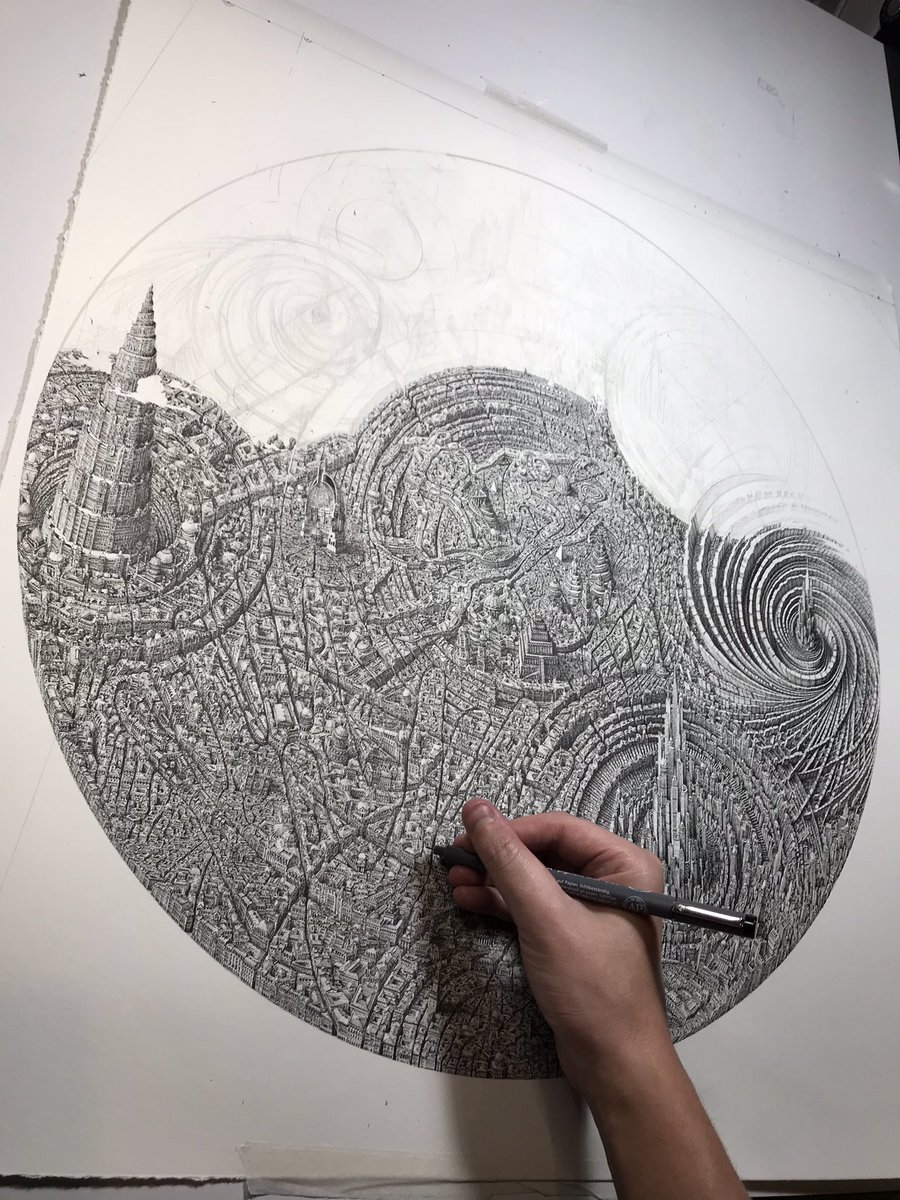 It is finished! 
With great pleasure, I present
“Leitmotif”
Pen and ink 
20” diameter 
2020