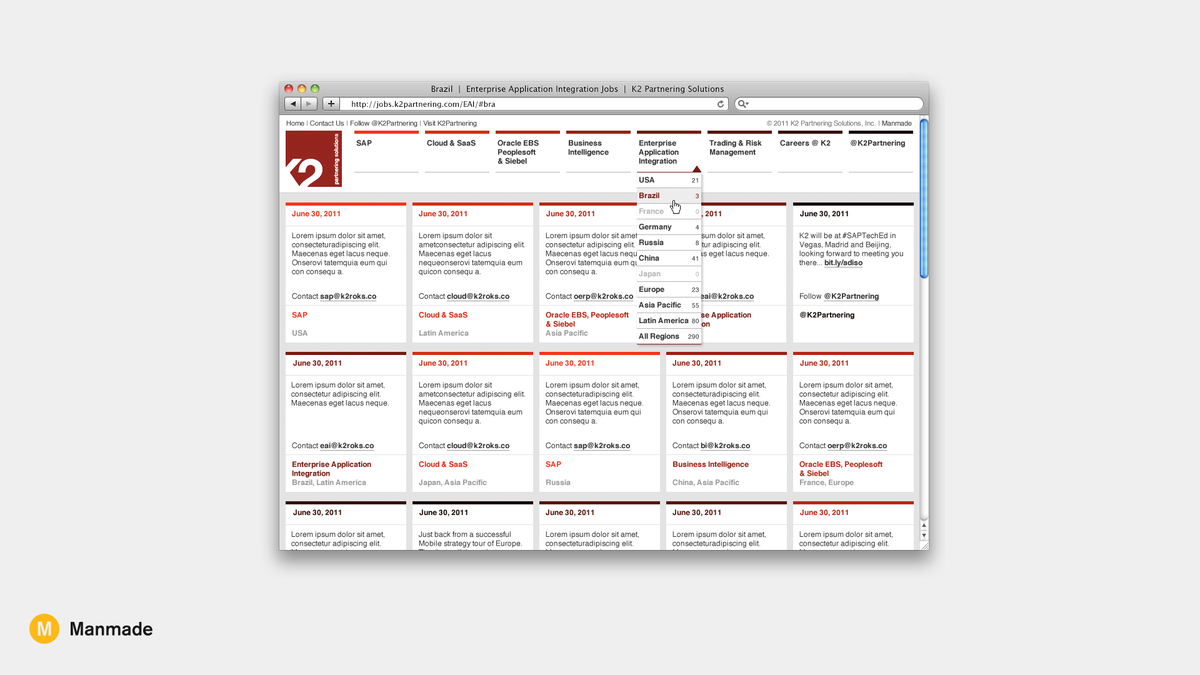 manmade_sf's tweet photo. Going through the archives and found this job board we built for @K2Partnering which used Twitter as the CMS. Location and category hashtags in the job posting tweets were translated into a UI for filtering. 

We used to have fun with the @Twitter API. https://t.co/DOo1HV1uOv