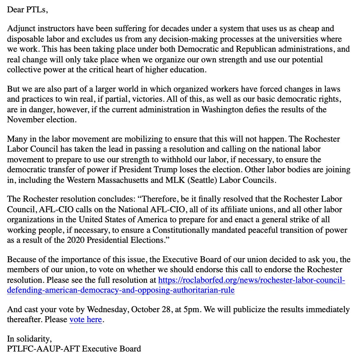ruaaup_ptl's tweet photo. "Adjunct instructors have been suffering for decades under a system that uses us as cheap and disposable labor and excludes us from any decision-making processes at the universities where we work.”

#WeRNotDisposable https://t.co/pRklWqzpr9