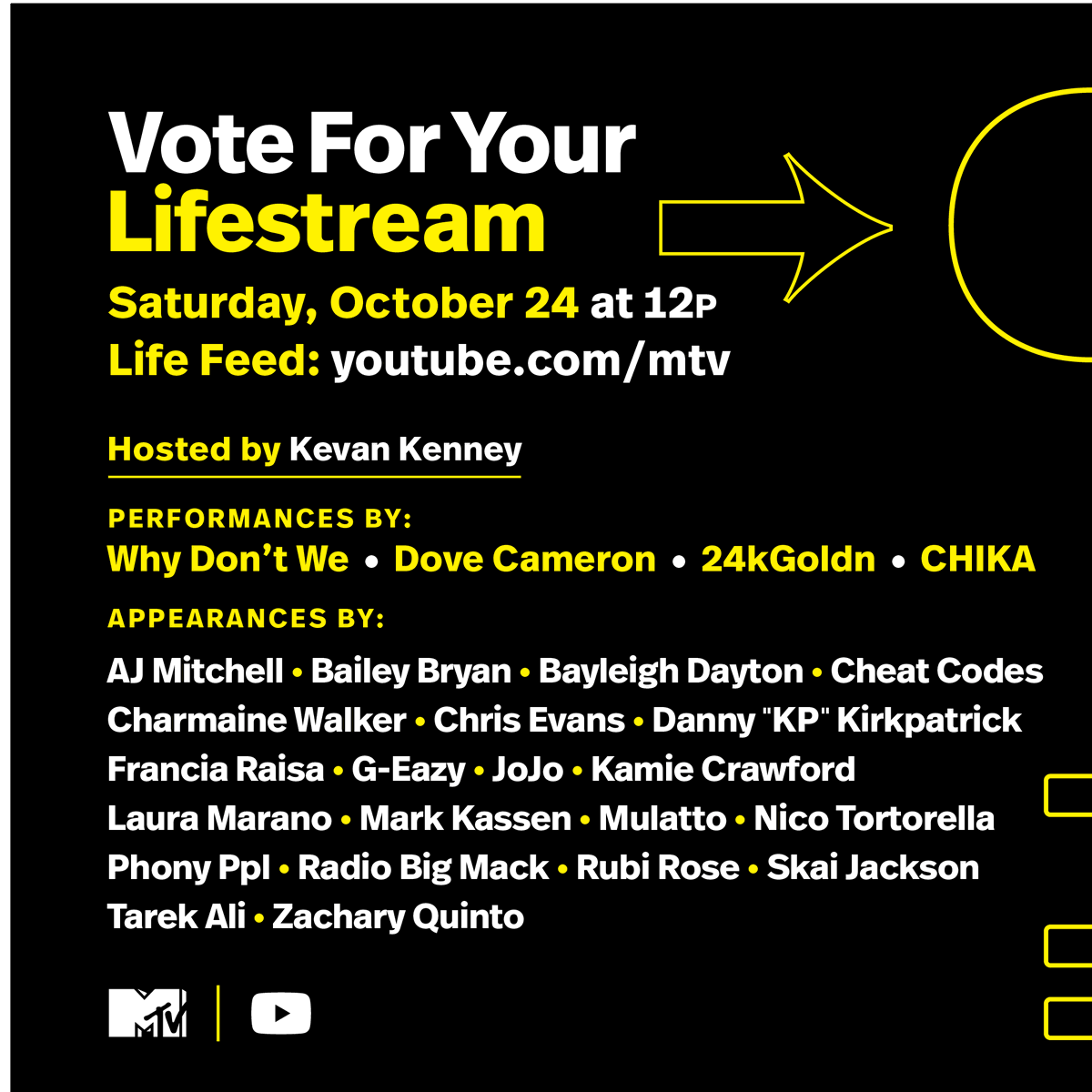 MTV's tweet photo. It's almost time for our #VoteForYourLife Stream, hosted by @KevanKenney! 👀

Head to https://t.co/rymOdYhuiV at 12p ET for performances by @whydontwemusic, @DoveCameron, @24kGoldn and @oranicuhh! ✨ #VoteEarlyDay https://t.co/7nawijQb7b