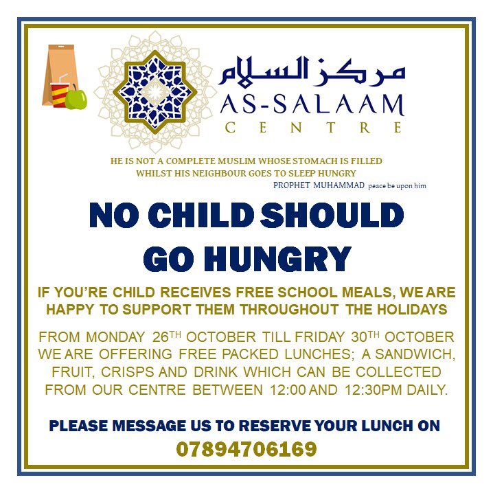 We are all in this together. 

If you need a meal for your child, please contact us. 

Collection point: Moss Road, Stretford, Manchester. 

#ENDCHILDFOODPOVERTY