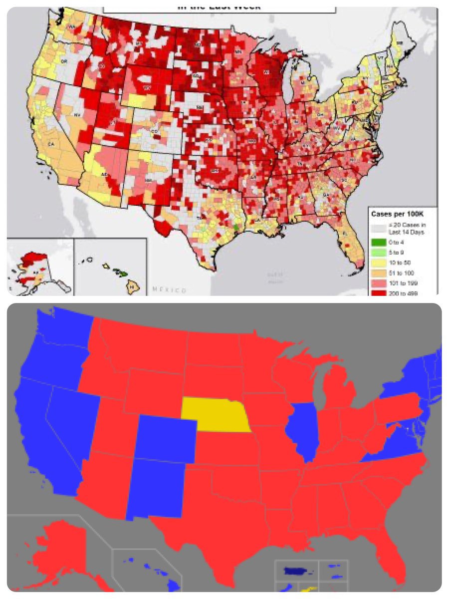 JoeGallX2's tweet photo. @MarkLevineNYC - Just put these two maps side by side. Enlightening. In case you can use it... #COVIDHotSpots #PoliticalMap #WearAMask #Vote https://t.co/jyReAxS0hF