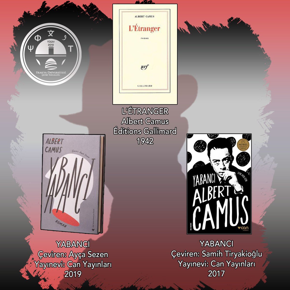 tucev2010's tweet photo. Selamlar herkese, Bir Kitap İki Çeviri adlı serimizin yeni paylaşımı sizlerle. 📜📖🖋
Serimiz bugün Fransız edebiyatından Albert Camus imzalı bir eser ile devam ediyor. Keyifli okumalar!
•
•
•
#birkitapikiceviri #albertcamus #l'étranger #books #translation #tucev https://t.co/SJJ1FbIo1P