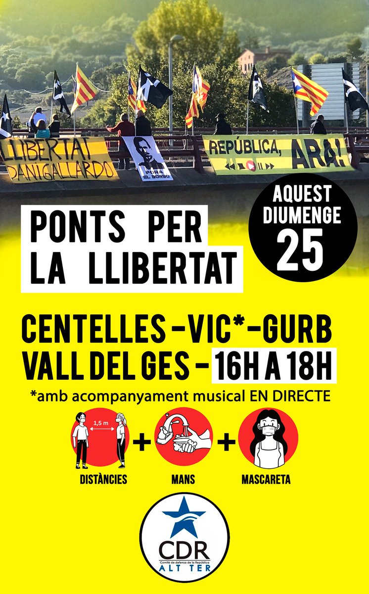 🔴DIUMENGE 25-10-20 #PONTSperLaINDEPENDÈNCIA
🕕 De 16h a les 18h

A #CENTELLES:
📍Pont Sant Antoni C17

A #ORÍS:
📍Pont Can Branques C17

A #GURB:
📍Pont sobre C25

A #VIC:
📍Pont de Malla

#PONTSperLaREPÚBLICA
#PONTSperLaLLIBERTAT