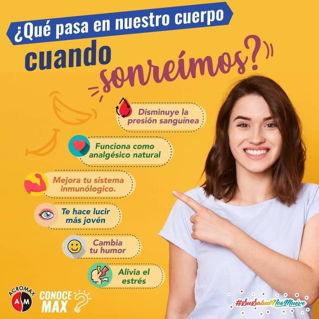 AcromaxEcuador's tweet photo. ❓¿Qué pasa en nuestro cuerpo cuando sonreímos?
‼️Te lo contamos en #ConoceMax
#SuSaludNosMueve #Sonreír #ConoceMax https://t.co/uFDpresVyp