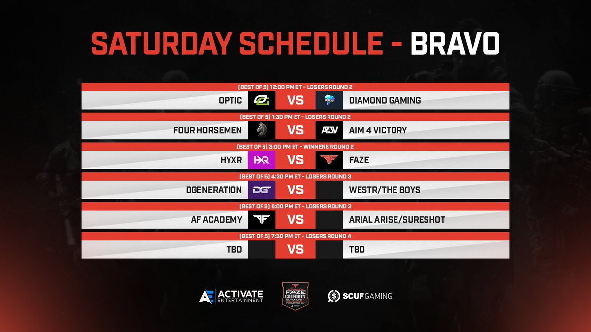 NfinityBL's tweet photo. The Saturday schedule for the Bravo boys looks spicy!
@ProperCasts and I will be kicking @ATLFaZe 25K Black Ops 4 #AFThrowback coverage off today with @OpTicGaming vs. @DiamondSquadGG in LR2.
Be there👇
https://t.co/ZajQ1o1PWW https://t.co/dV9VZvwazP