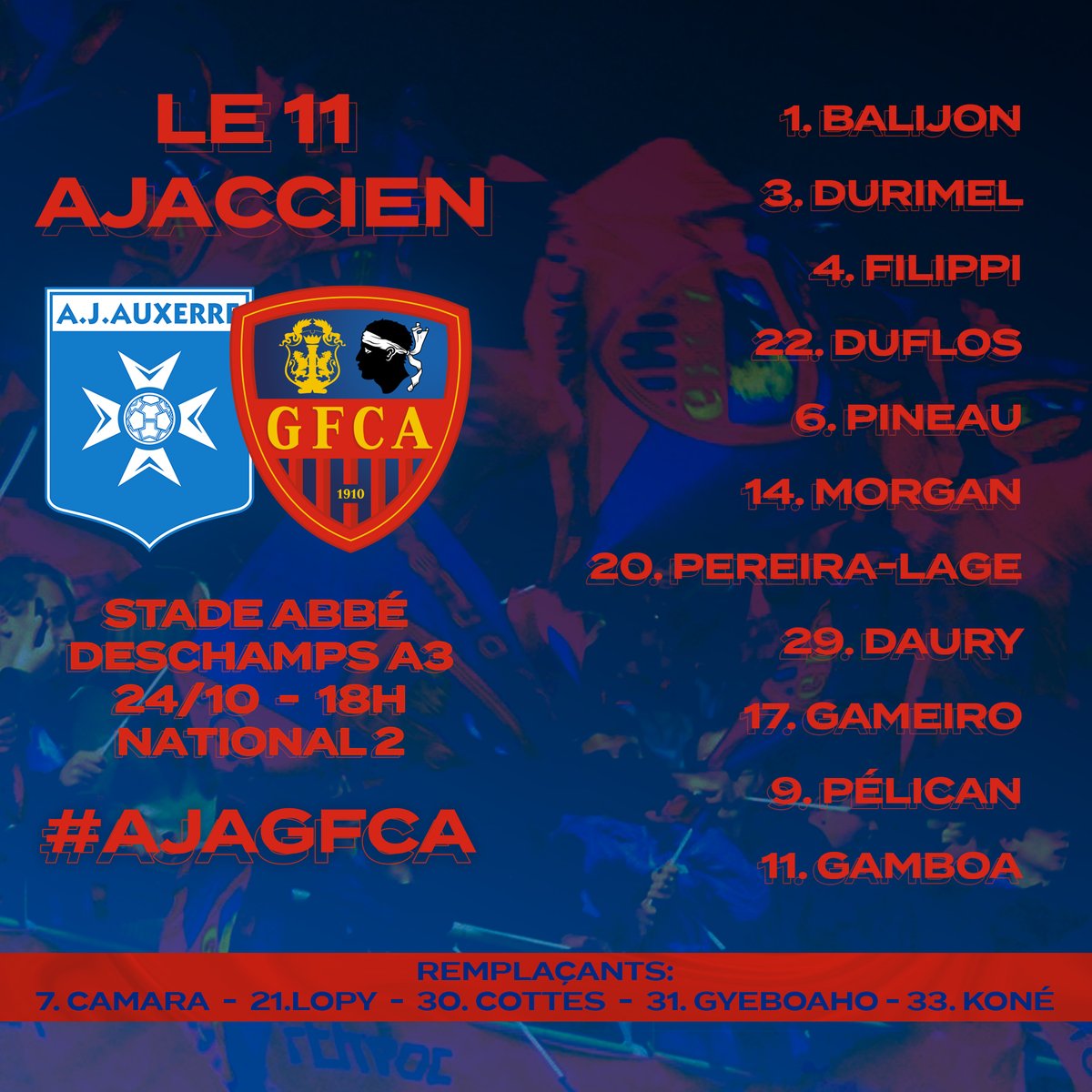 gfc_ajaccio's tweet photo. 🔴#AJAGFCA🔵
Découvrez le 11 gazier pour la recontre !
#ForzaGFCA https://t.co/cLDUA0u5T2