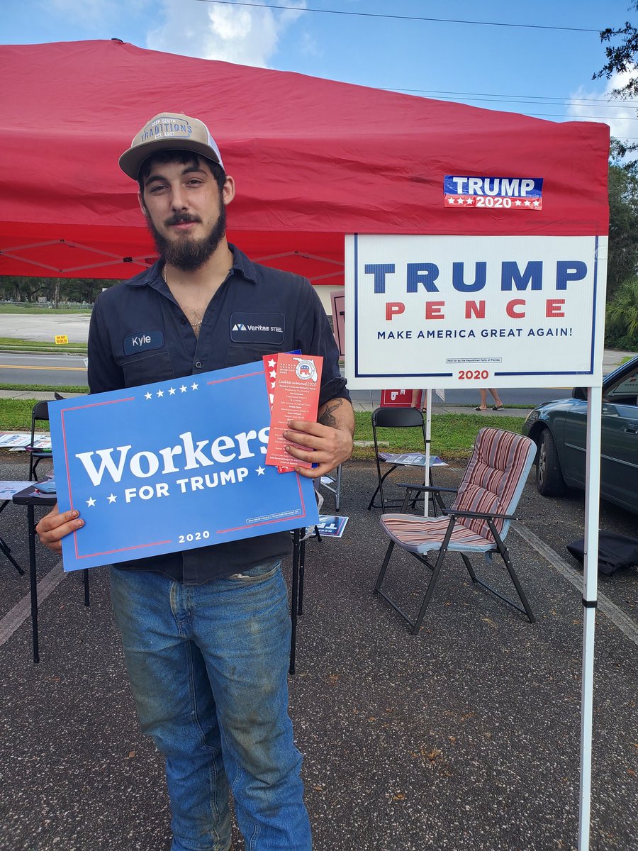 SheilaGOP's tweet photo. Kyle came by for stickers for his hard hat!! He also picked up his Republican Voter guide as he is ready to #TrumpTheVote Early today!! #WorkersForTrump #LeadRight Email me ssweeney@gop.com https://t.co/TKewnla79x