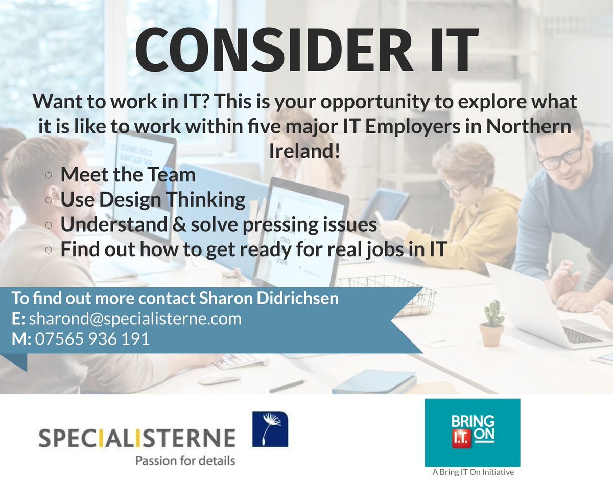 BringITOnNI's tweet photo. Want to work in IT? We are delighted to be supporting the @SpecialistsNI 'Consider IT' programme! A fantastic opportunity to explore what it is like to work within five major #ITEmployers in NI 👏 To find out more contact Sharon 📩 sharond@specialisterne.com https://t.co/UhHFQun7Bh