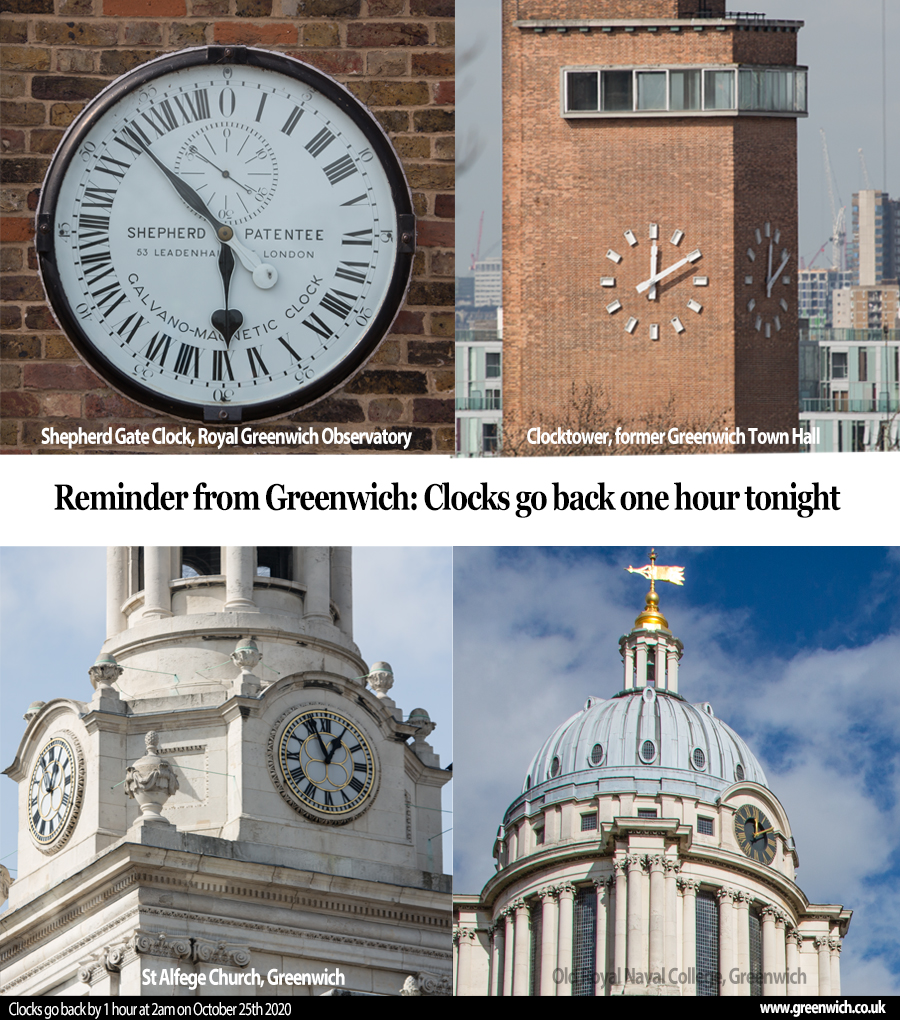 greenwichcouk's tweet photo. Reminder from #Greenwich that the #ClocksGoBack by 1 hour tonight as we leave British Summer Time and revert to #GMT https://t.co/PFjOL1dDAv